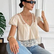 Blusa de mujer con cuello en V, manga corta y espalda con lazo, de encaje y parches, 100% algodón, estilo romántico francés, con diseño de espalda descubierta y mangas abullonadas, versátil para uso diario/casual, verano para mujeres, Día de San Valentín, Carnaval, vacaciones, blusa casual, top Y2K, blusa de encaje, blusa bohemia, top de encaje - Albaricoque - Ver 3