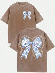 Summer Clothes 2026 (230g T-Shirt) Men's Plus Size Washed Cotton Christian T-Shirt With Floral Print "Faith Over Fear", Soft Casual Short Sleeve, Breathable Retro Streetwear And Gift. Loose And Comfortable Summer T-Shirts (Retro Style, Heavyweight, Unisex). - 咖啡棕 - 查看 1