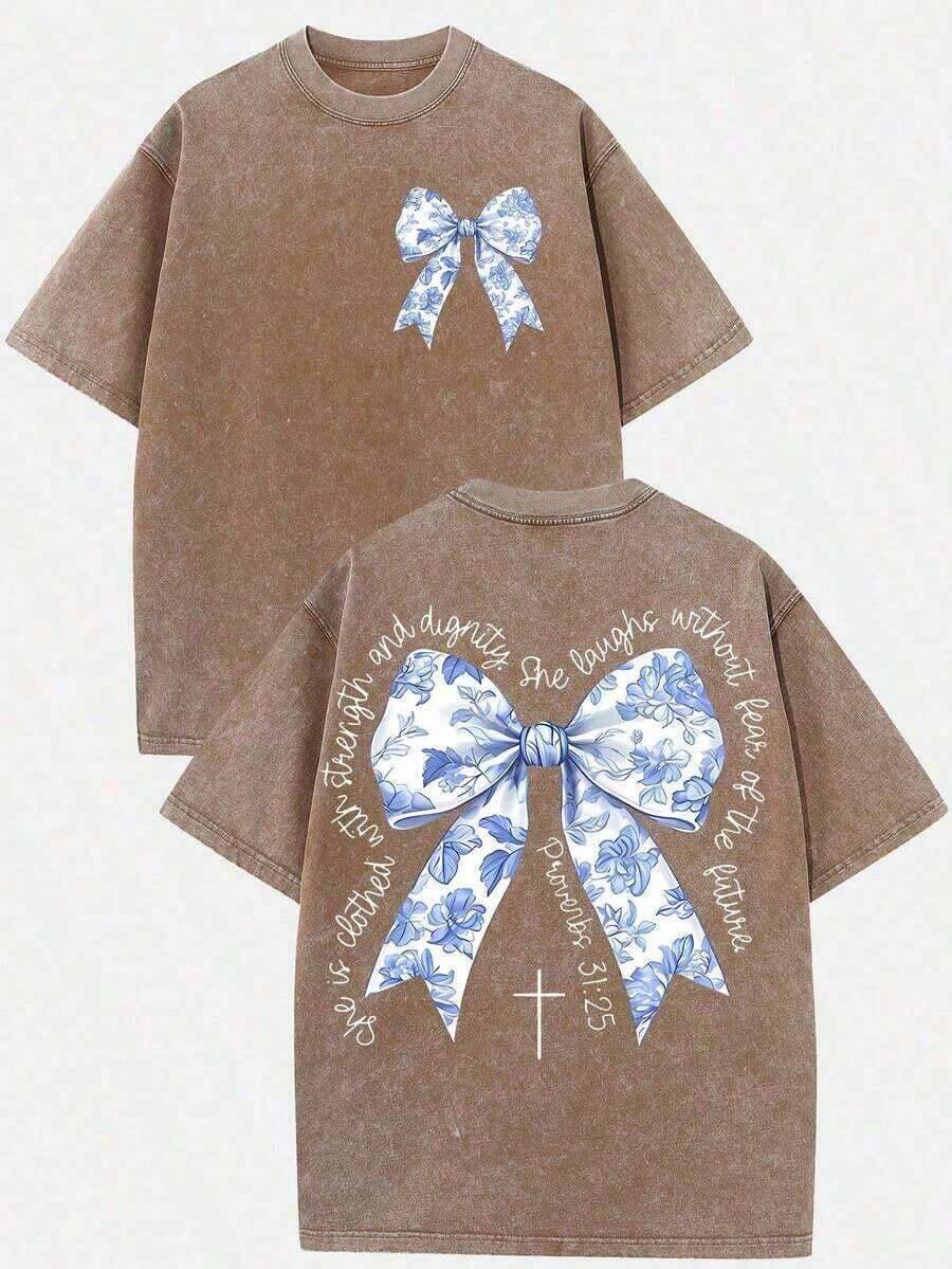 Summer Clothes 2026 (230g T-Shirt) Men's Plus Size Washed Cotton Christian T-Shirt With Floral Print "Faith Over Fear", Soft Casual Short Sleeve, Breathable Retro Streetwear And Gift. Loose And Comfortable Summer T-Shirts (Retro Style, Heavyweight, Unisex). - 咖啡棕 - 查看 1