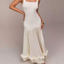 Sleeveless Square Neck Design, Knit Elastic Fabric Patchwork, Pleated Design, Ruffle Trim Detail, Extra Long Women's Dress, Suitable For Parties, Gatherings, Weddings, Spring Festival, Valentine's Day, Dates, Apricot Color, Summer Dress, Wedding Guest Dress, Romantic Dress - Albaricoque - Ver 2