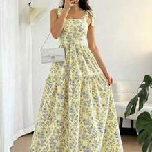 Holidaya French Elegant Ruched Bustier Flared Dress, Blue Floral Print, Sleeveless, Summer New Arrival - Amarillo - Ver 1