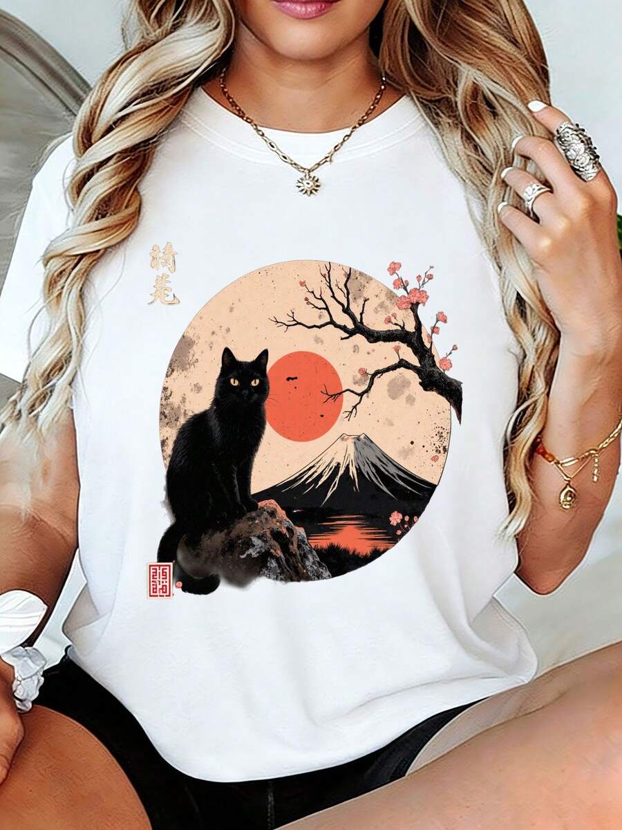 Camiseta de arte japonés con gato , monte  y flor de cerezo - Camiseta de manga corta y cuello redondo, estampado gráfico de estilo asiático orientaintage con sol rojo ello dorado, prenda de verano suave y transpirable para mujer y hombre - Regalo único para amantes de los gatos de anime