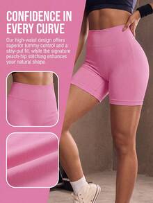 TCVC Seamless Ribbed Texture High Waist Shaping Tight Peach Butt Sports Shorts - Pink - View 4