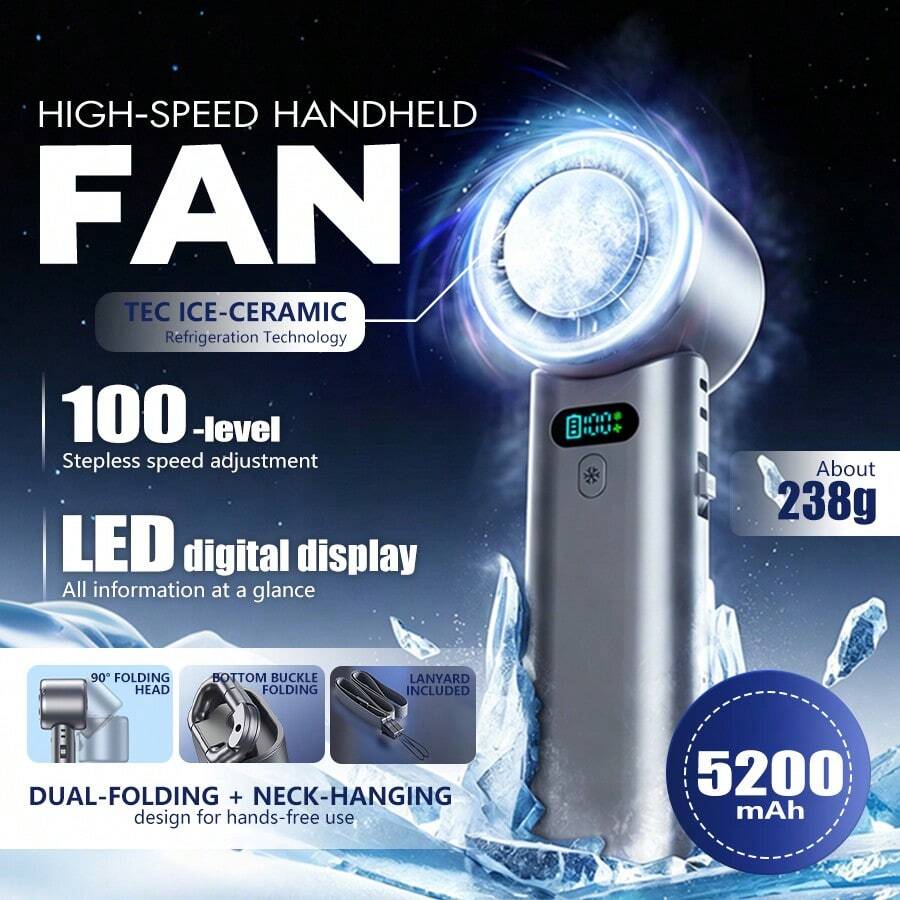 High-Speed Ice Cooling Handheld Fan, Super Conductive Ice Ceramic Cooling, 5200mAh Large Capacity Battery, 100-Level Stepless Adjustment, Portable & Foldable, LED Smart Display, Ideal Portable USB Fan For Outdoor Use In Summer To Keep Cool