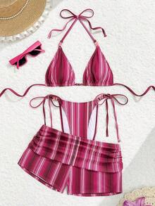 Swim Vcay Nuevo conjunto de traje de baño de mujer de 3 piezas con estilo de rayas de punto texturizado de alta corte con lazos laterales, copa triangular y control de abdomen, con estampado retro de monedas y decoración de estrella de mar de metal en estilo de playa y océano - Multicolor 15 - Ver 2