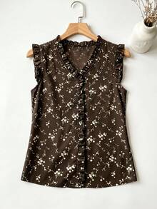 Áo kiểu Anyi New French Ditsy Floral Summer Chiffon Ruffle Hem Sleeveless Casual Commuter Cute V-Neck Refreshing Blouse - màu nâu - Xem 3