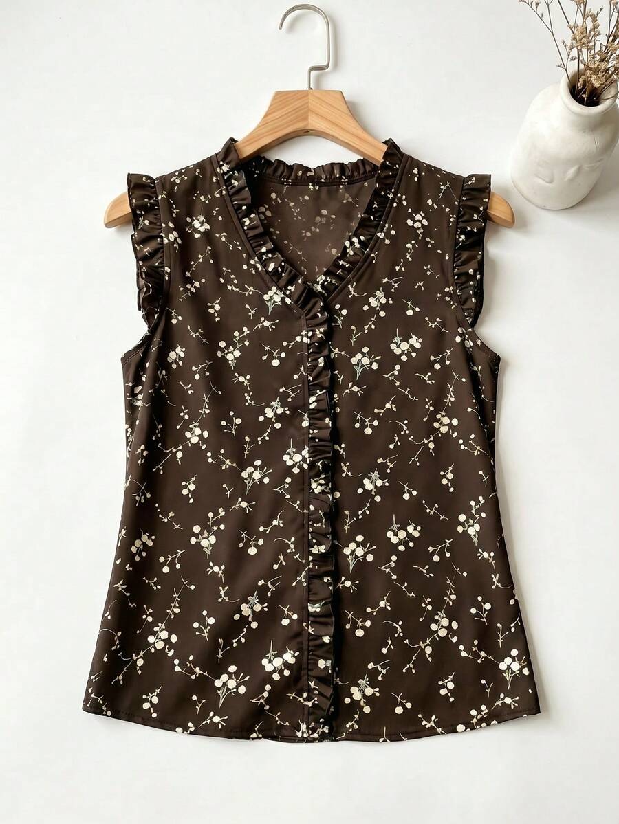 Blusa casual y refrescante con cuello en V, sin mangas, con volantes en el bajo, de gasa con estampado floral francés tipo Ditsy para el verano - Marrón - Ver 1