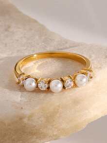 1 pieza Anillo elegante alternado de perla y circonita, joyería francesa apilable para novia y invitados, apto para uso diario - Multicolor - Ver 4