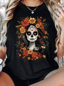 Camiseta de Mujer con Estampado Floral Gótico de Calaveras - Diseño Inspirado en el Día de Muertos Mexicano, Cuello Redondo, Manga Corta, con Diseño de La Calavera Catrina, Atuendo Casual para Fiestas Temáticas, Camiseta Negra Cómoda para Todas las Temporadas, Estampado Geométrico de Estilo Vintage, Lavar a Mano y Limpiar en Seco, Presenta un Exclusivo Estampado de Calaveras en Blanco y Negro con Intrincados Patrones Florales y de Hojas, Tela Suave Adecuada para Uso Diario, Camiseta Ligera y Transpirable - Camiseta Unisex de Estilo Urbano Vintage, de Algodón, Manga Corta, Cuello Redondo. - Negro - Ver 7