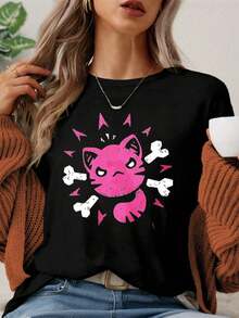 Camiseta suave MYAZUL de talla extra large para mujer con estampado de hueso de gato rosa, regalo para amigas, conjunto de moda navideño, vestidos de verano para mujer, casual, perfecta para todas las estaciones, tallas S M L XL 230 230. - Oscuro - Ver 11