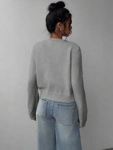 Cárdigan de mujer de manga larga, cuello redondo, suelto y corto, de unicolor, cómodo y acogedor, ideal para el uso diario, en color amarillo mantequilla para otoño/invierno - Gris - Ver 2