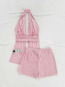 Conjunto de 2 piezas de top halter y shorts de moda para mujer de vacaciones - Rosa - Ver 2