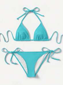 Women's Simple Solid Color Swim Bikini With A Halter Neck And Cutout, Suitable For Beach Vacations And Summer. - Mint Blue - View 1
