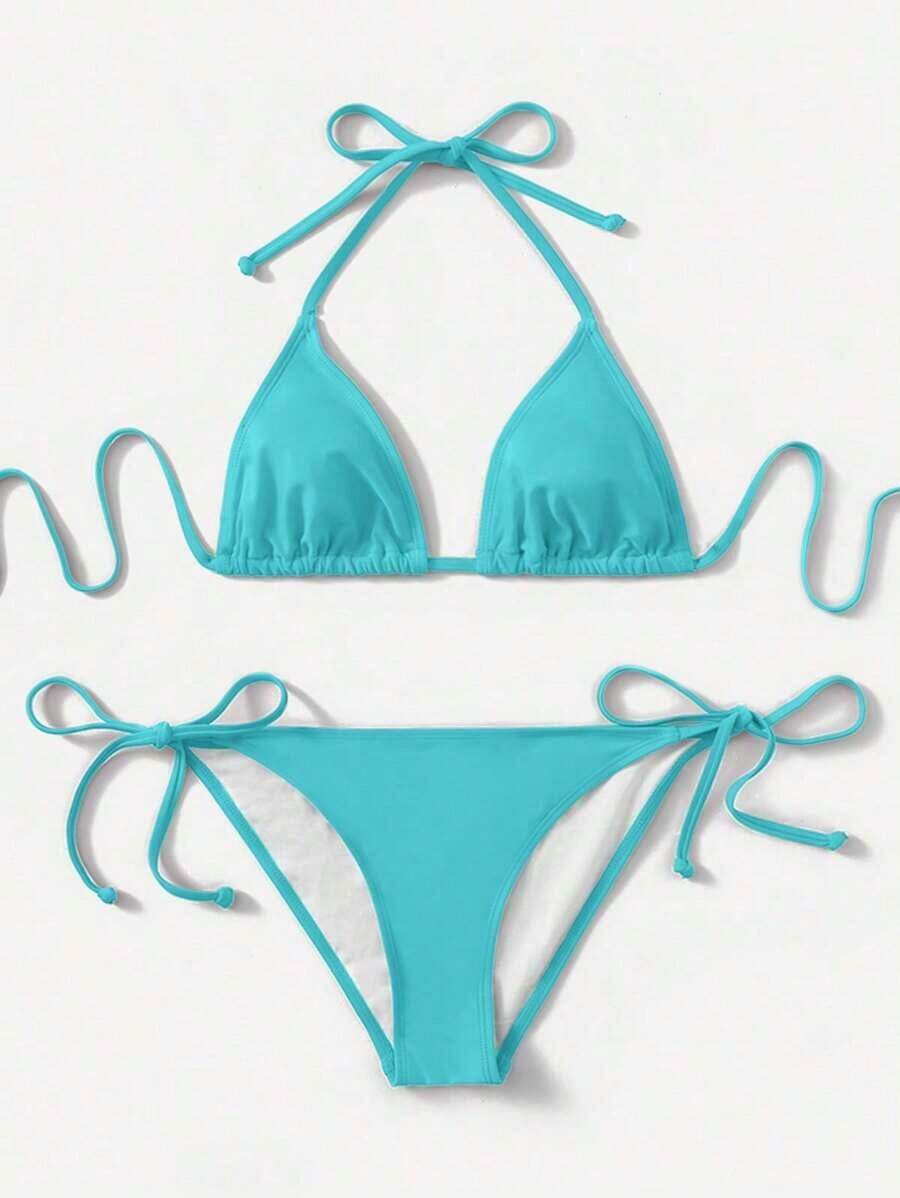 Women's Simple Solid Color Swim Bikini With A Halter Neck And Cutout, Suitable For Beach Vacations And Summer. - Mint Blue - View 1