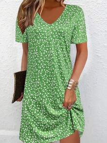 Fashionable Casual Vacation Style Lightweight Elegant Ditsy Floral Short Sleeve Dress, Versatile For Mother's Day, Outdoor, Home, Travel, Office Wear Summer - Green - View 5