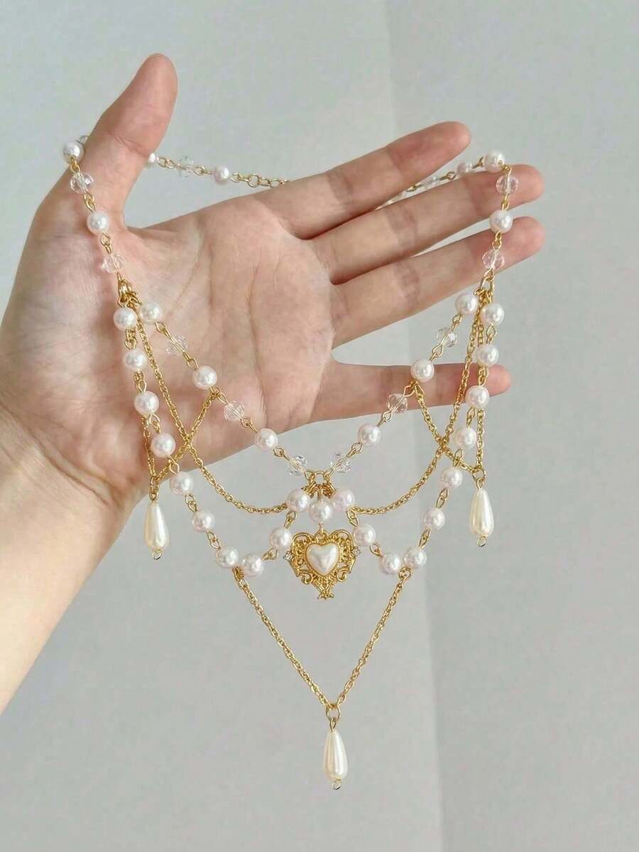 1件装奢华简约多层项链,优雅锁骨链,欧美度假风甜心项链,独特优雅仿珍珠流苏项链 - 金黃色 - 查看 1