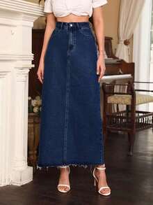 Women's High Waist Pocketed Frayed Hem Casual Denim Mini Skirt - Café integral - Ver 8