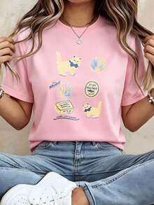 Camiseta de mujer de manga corta, estampado combinado de gatos amarillos, conchas y coral, cuello redondo, ropa casual - Rosa - Ver 1