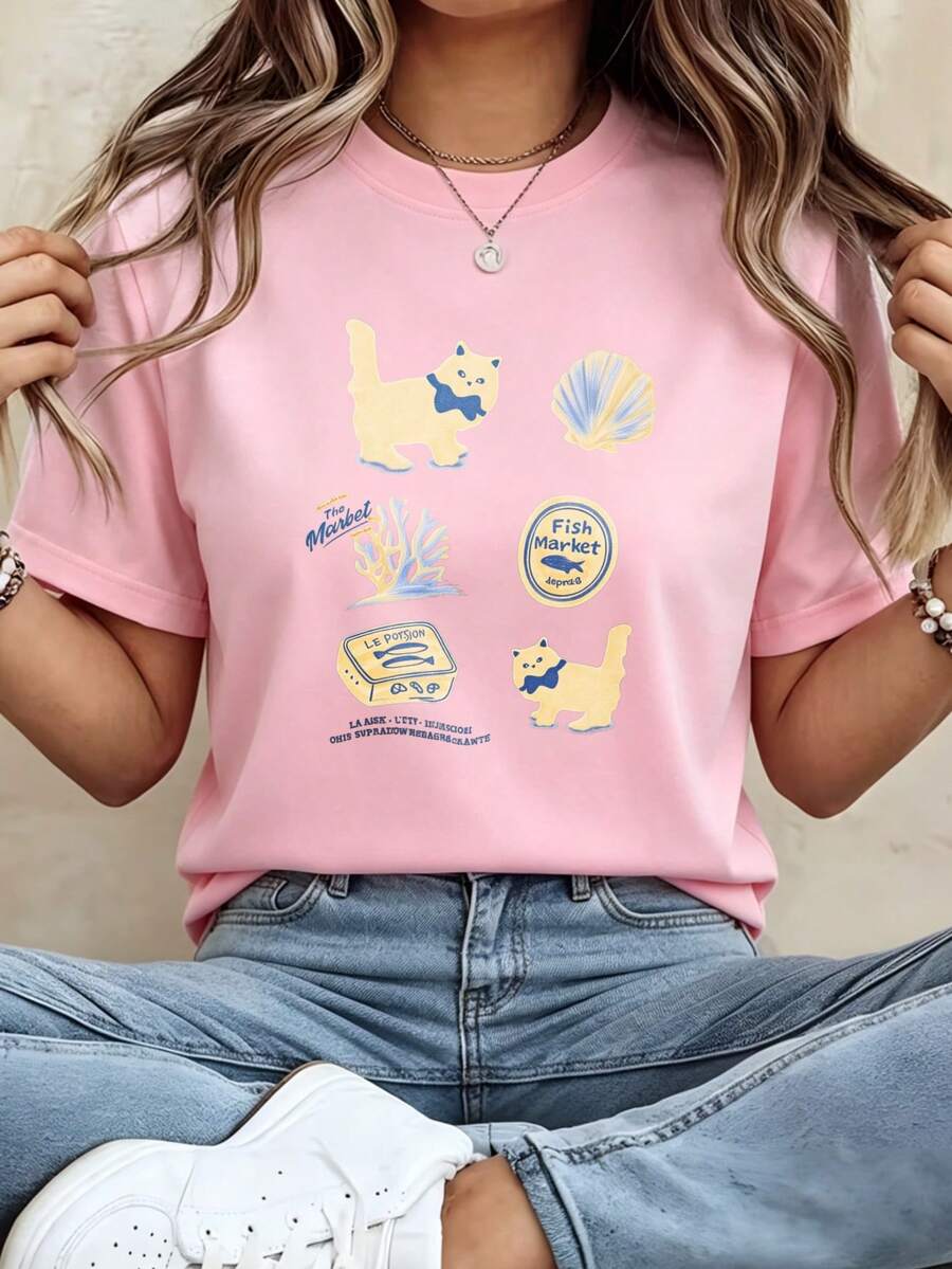 Camiseta de mujer de manga corta, estampado combinado de gatos amarillos, conchas y coral, cuello redondo, ropa casual - Rosa - Ver 1