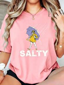 Salty Girl Umbrella Print Round Neck Short Sleeve Tee, 100% Cotton Plus SizeWomenCasual Top, Summer Daily OutdoorStreetwear Graphi Ccute Tees T-Shirt - 粉色 - 查看 1