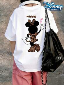 Disney Leopard Pattern Minnie Mouse Back Love Cool Sweet Girl Casual Top Pattern Summer Loose Tops,Short-Sleeved Casual And Cute Style  Children's Clothing Design, Girl Clothes For Kids Clothes ,Ropa Para Niños,Teen Girls Clothes, Summer Clothes,Boys Summer Outfits,Boys Clothes,Perfect For Cool Girls. Comfortable And Breathable Children's Short-Sleeved T-Shirt. Comfortable And Casual Wear All Year Children's Clothes,Comfortable & Lightweight, Iconic Print For Mix-And-Match Outfits,Suitable For Both Boys And Girls. - 白色 - 查看 2