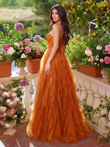 Đầm dạ hội hở vai, xẻ cao đến đùi, phối lưới. - màu nâu - Xem 2