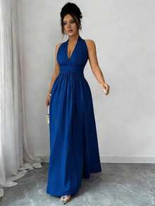 Elegante vestido sin mangas con cuello en V, diseño hueco en la cintura y pliegues, color morado, nueva llegada de primavera/verano - azul real - Ver 7