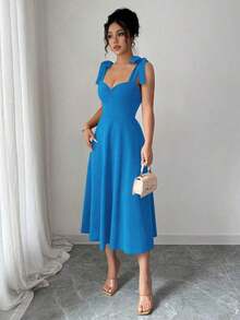 elegante y romántico para mujer con lazo decorativo en la cintura y corte evasé sin mangas - Azul - Ver 4