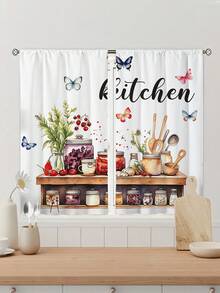 2pcs Retro Rustic Kitchen Curtains,Without Holes Curtain,Short Curtains,Refer To Bedroom Office Kitchen Living Room Study Home Decor - Multicolor - View 4