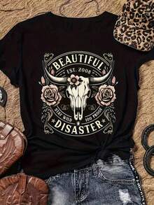 1 Piece Women's Wild Beauty Graphic T-Shirt With Cow Skull And Rose Print, Black, Short Sleeve, Round Neck, Casual Style, Medium Elasticity, Machine Washable, For Spring And Summer, Cow Print Clothing, 210g, 100% Cotton, Designs Are Printed. Unisex. - 黑色 - 查看 8