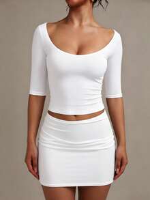 XLLAIS Sexy Sweetheart Neck Yoga Basic High Elasticity Naked Feeling Slim Fit White Short Sleeve Summer Sports T-Shirt Casual - White - View 6
