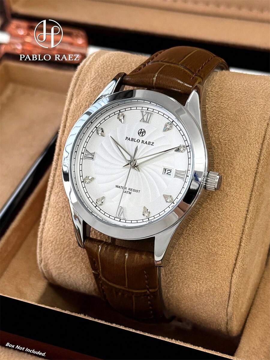 Reloj de marca de moda para hombres Pablo Raez 1 pieza caja de acero inoxidable reloj de pulsera original encantador atractivo para hombres lujo plateado negro cuero PU suave y cómodo reloj de cuarzo con dial de diseñador de diamantes con función de fecha resistente al agua 50m grado AAA alta calidad reloj de pulsera para hombres casual reloj novio/familia padre regalo exquisito adecuado para la vida diaria/trabajo/decoración de fiesta adecuado para graduación/boda/regalo de cumpleaños