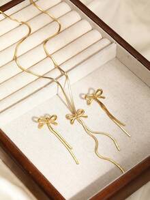 3pcs Stainless Steel Butterfly Pendant Necklace & Earring Set, Fashion Gold Color Jewelry Accessories Suitable For Daily Wear, Gift - Multicolor - View 5