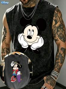 Disney Men's Sleeveless Short SleeveCasual Streetwear Style Men's T-Shirt Mickey Mouse Cartoon Print Summer Wear For Gift To Friends And Family - màu đen - Xem 1