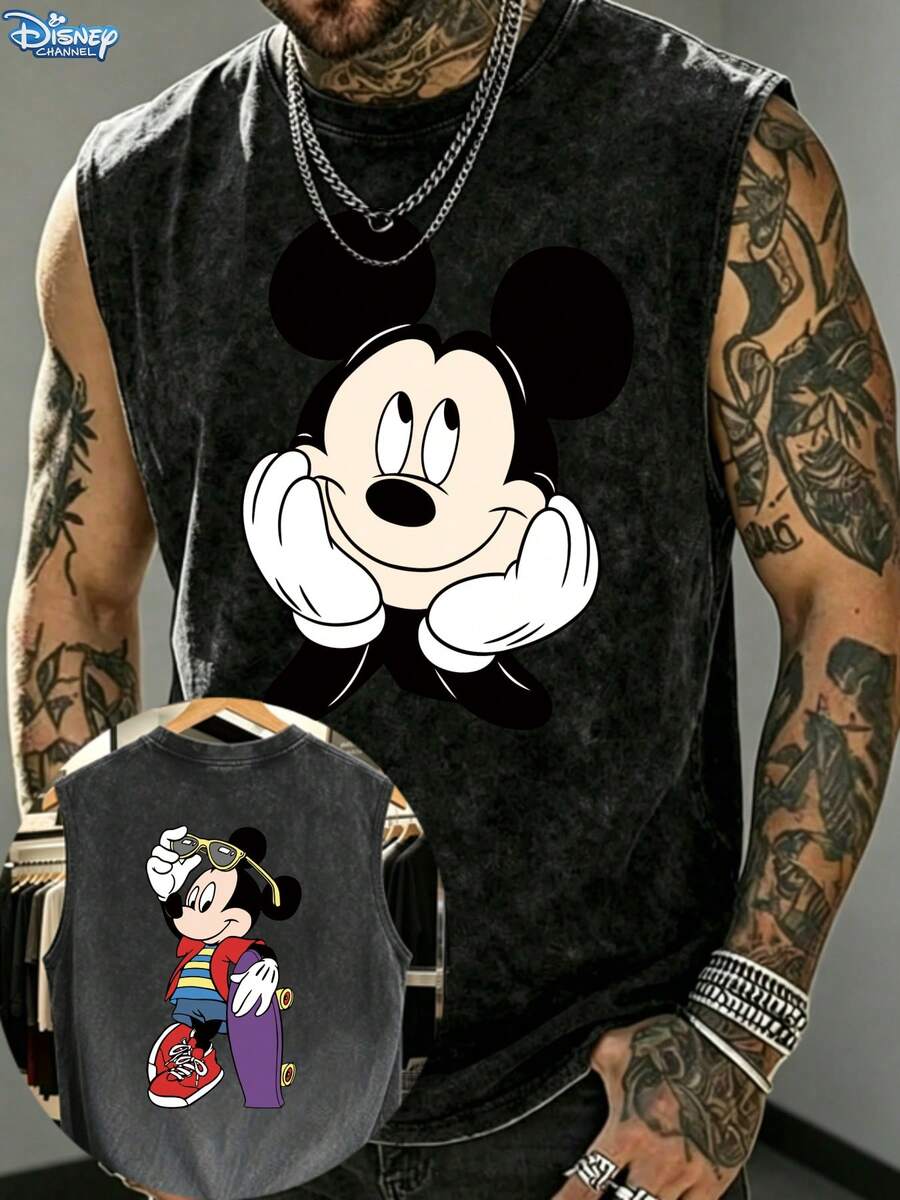 Disney Men's Sleeveless Short SleeveCasual Streetwear Style Men's T-Shirt Mickey Mouse Cartoon Print Summer Wear For Gift To Friends And Family - màu đen - Xem 1