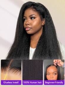 OQ Peluca de cabello humano de 18-30 pulgadas con densidad del 200%, cabello liso rizado, color negro natural, con línea del cabello previamente recortada y despejada, sin necesidad de pegamento, aspecto natural sin costuras para principiantes - S1 - Ver 5
