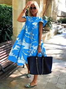 Casual Dress With Floral Print And Ruffled Hem For Spring/Summer Holidays - 鵝黃色 - 查看 12