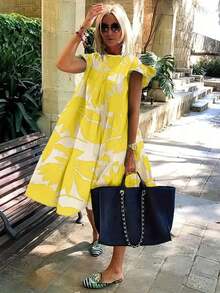 Casual Dress With Floral Print And Ruffled Hem For Spring/Summer Holidays - 黃色 - 查看 1