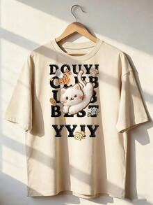 Short-Sleeve T-Shirt With Funny Cat And Youthful Calligraphy, Fashionable Short-Sleeve T-Shirt For Spring And Summer 2026, Made In Mexico, 180 Grams. Cartoon Print, Couple Design, Suitable For Indoor Or Outdoor Wear. Crew Neck, Unisex, Ideal For Office And Leisure. One-Pack. - APR-P631577SLNDXZGY397 - 查看 3