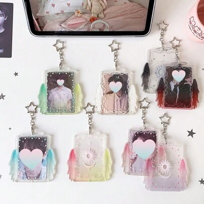 Cute Angel Wings Photocard Holder Keychain Kawaii Acrylic Idol Photo Card Protector Mini Card Display Case For Bag Decoration
