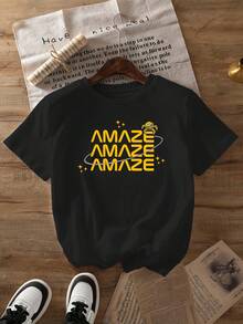 Camiseta estampada vintage impresionante, top casual de manga corta y cuello redondo, estilo primavera/verano, moda femenina. - Negro - Ver 1