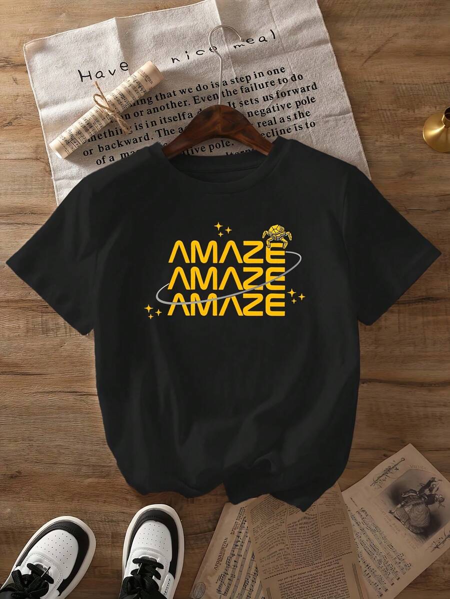 Camiseta estampada vintage impresionante, top casual de manga corta y cuello redondo, estilo primavera/verano, moda femenina. - Negro - Ver 1