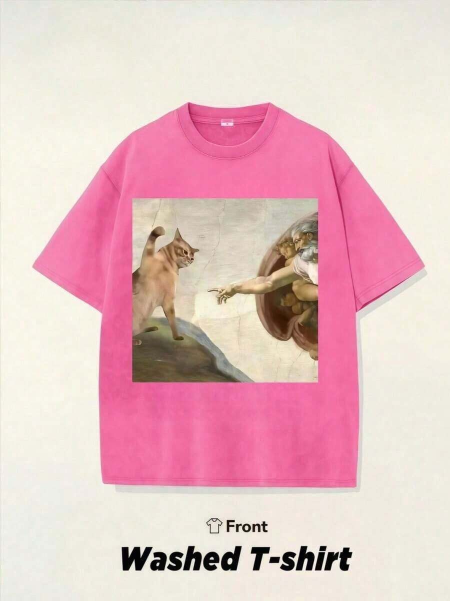Vintage Washed T-Shirt 230g, Retro Artistic Graphic T-Shirt With Cat And Creation Of Adam Design, Creative And Nostalgic Casual Top, Pure Cotton T-Shirt, Casual, Elegant And Comfortable. - 粉色 - 查看 1