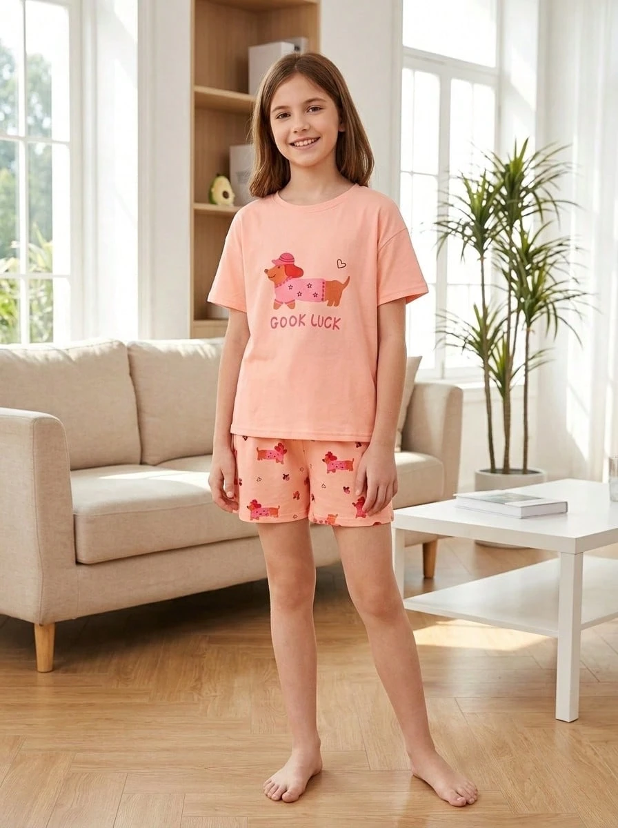 Bộ đồ ngủ bé gái 2 món/set, áo tay ngắn và quần short, pijama nhẹ họa tiết hoạt hình - Màu Hồng baby - Xem 1