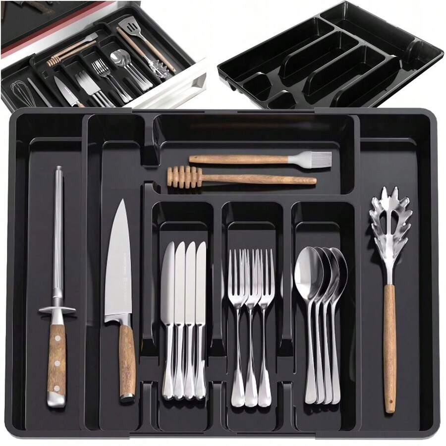 1pc Silverware Drawer Organizer, Expandable Kitchen Utensil Tray, Cutlery And Utensil Holder, Adjustable Plastic Storage Box For Spoons, Forks And Large Utensils - View 1