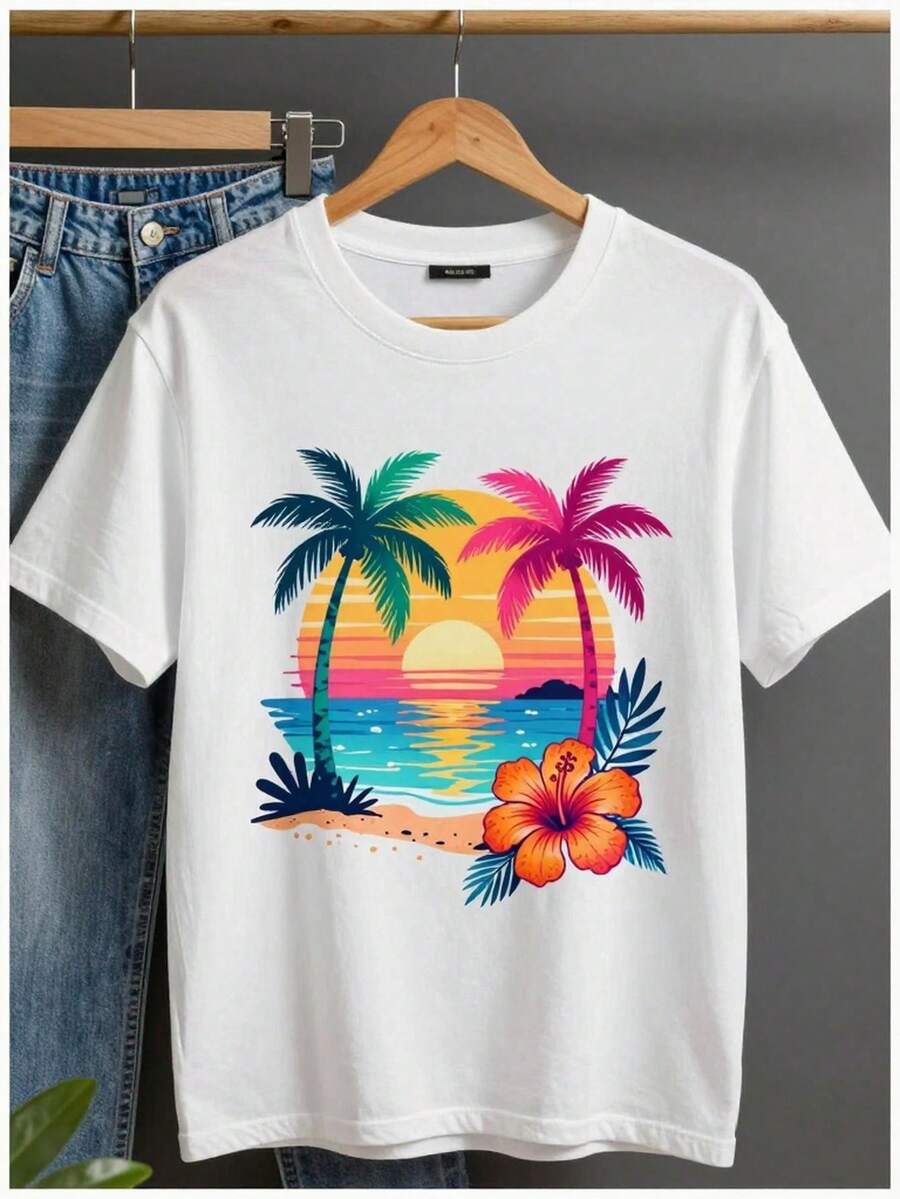 Camiseta Unisex Hawaiana de Algodón y imón, uave Transpirable con anga Corta en Corte A-inea, Estampado Tropical Rosa Verde para Playa, Palma & Flor del Híbisco. Camisa igera Veraniega Ideal Para Vacaciones o ooks Casuales, ¡avable a ancha! verano mujer/Mujeres antes del Año Nuevo/ropa de playa/ontre mujer premium/Camiseta tropical de Carol pequeña - Blanco - Ver 1