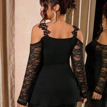 Cravure Plus Size Women's New Black Sleeveless Cold Shoulder T-Shirt, Mesh Lace Sleeve Patchwork, Embroidered Strap, Elegant Black Top, Sexy And Slimming, Fashionable And Refined For Daily Outings, Dates, Gatherings/Parties, Bars, Suitable For Autumn And Spring - Albaricoque - Ver 3