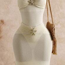 Women's Solid Color Halter Metal Starfish Decor One-Piece Swimsuit With Skirt, Suitable For Beach Vacation - Naranja - Ver 3