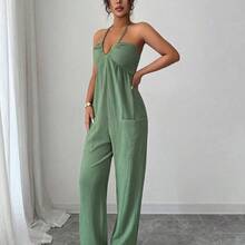 Elenzya Women's Summer Halter Neck Backless Pocket Jumpsuit - Verde - Ver 7