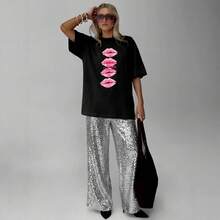 Top de Verano 2026, Estilo Europeo y Americano, Sexy, Dulce y Picante, con Estampado de Labios, Holgado, Versátil y a la Moda - Negro - Ver 4
